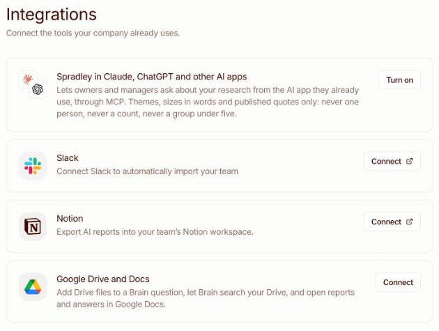 Spradley's Integrations settings, with the card that turns on Spradley in Claude, ChatGPT and other AI apps